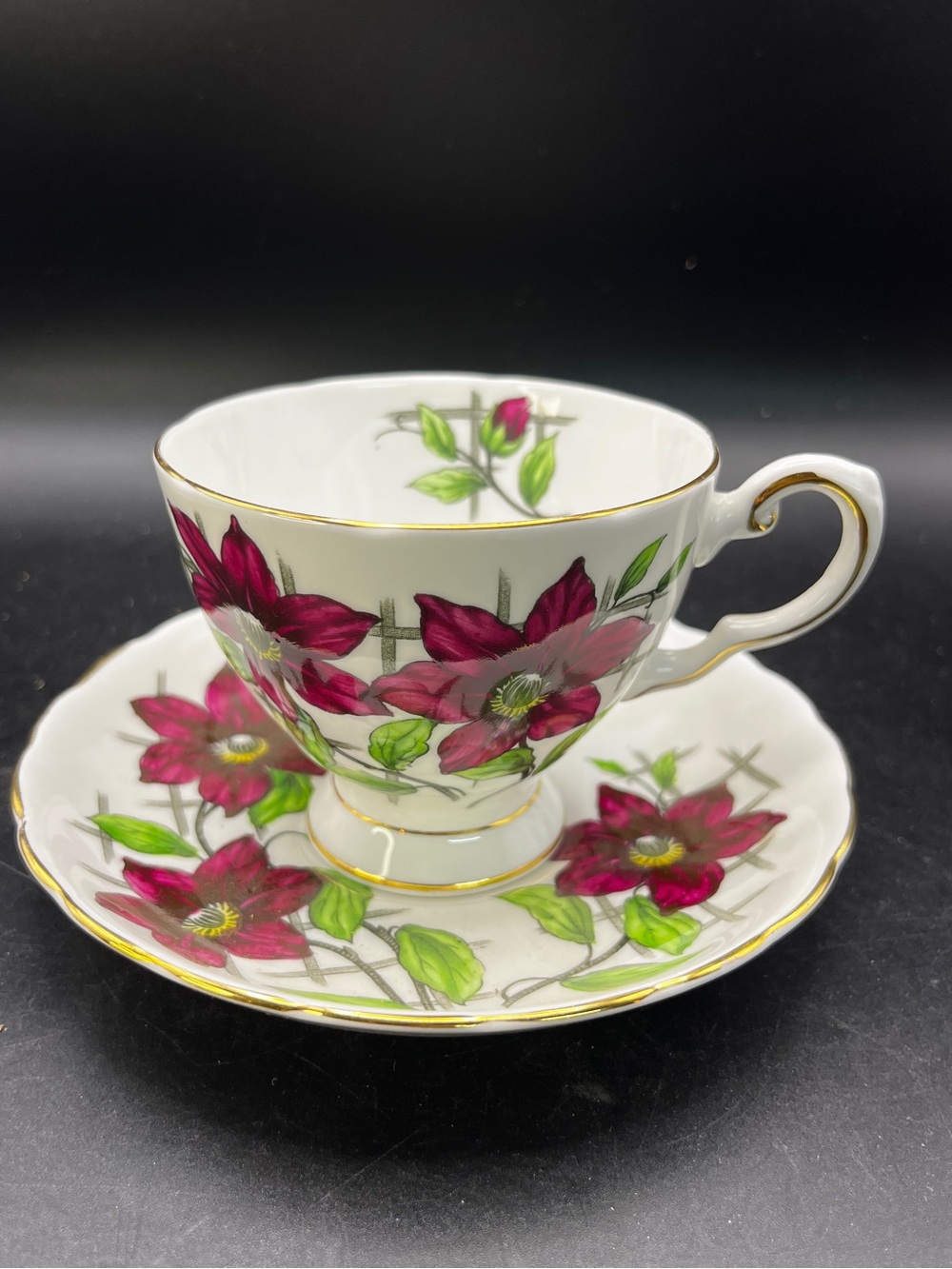 Vintage Tuscan Fine Bone China Teacup and Saucer Set Clematis Trellis Pattern